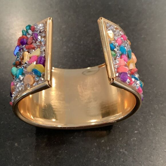 18k Gold Plate Rainbow Sprinkles Gemstone Cuff Multicolor Wide Bangle Bracelet - Picture 6 of 9